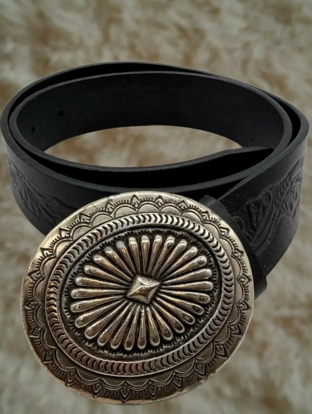 Vintage Western Black Leather Belt with Engraved Silver Concho Buckle